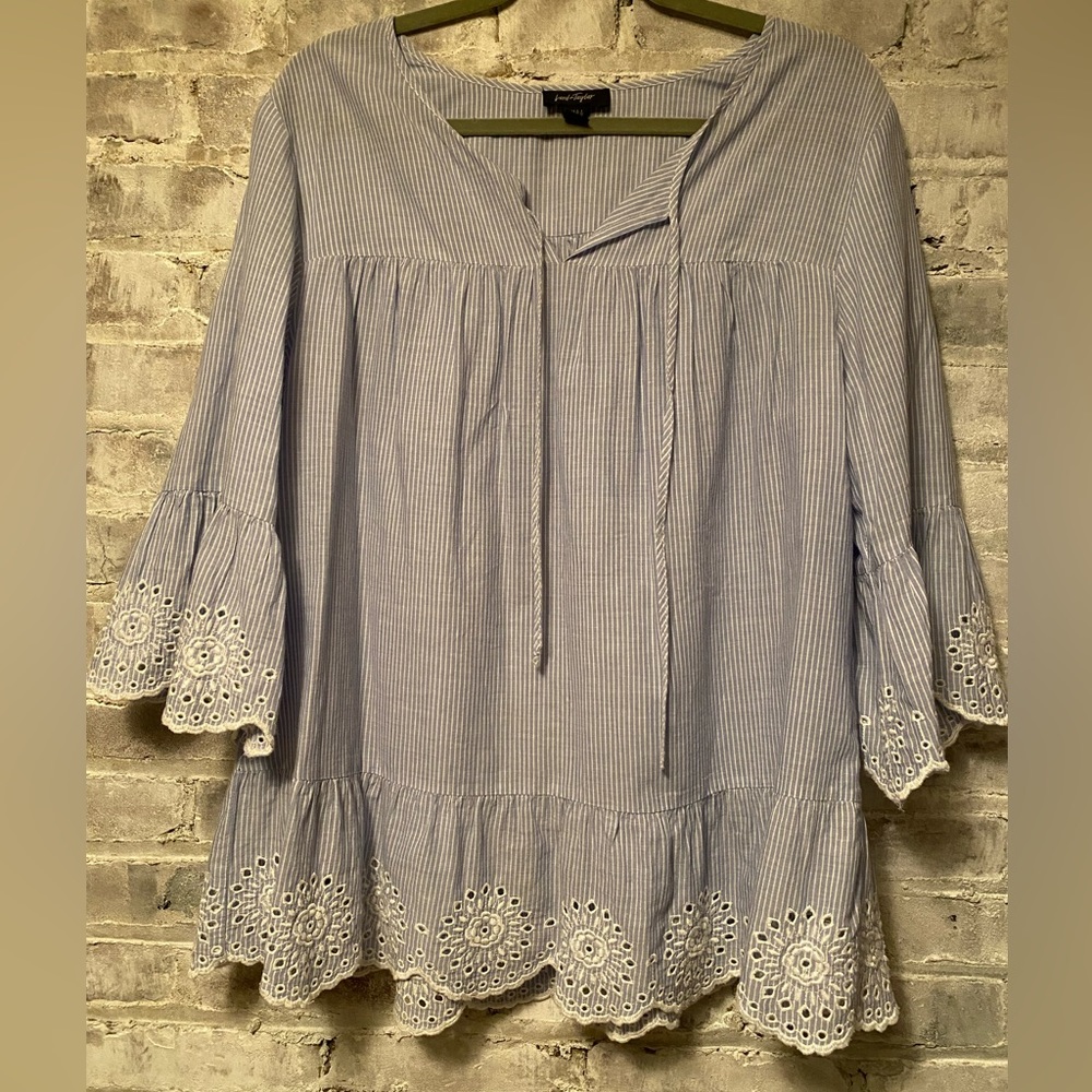 Lord & Taylor Pinstriped Floral Embroidered Blouse